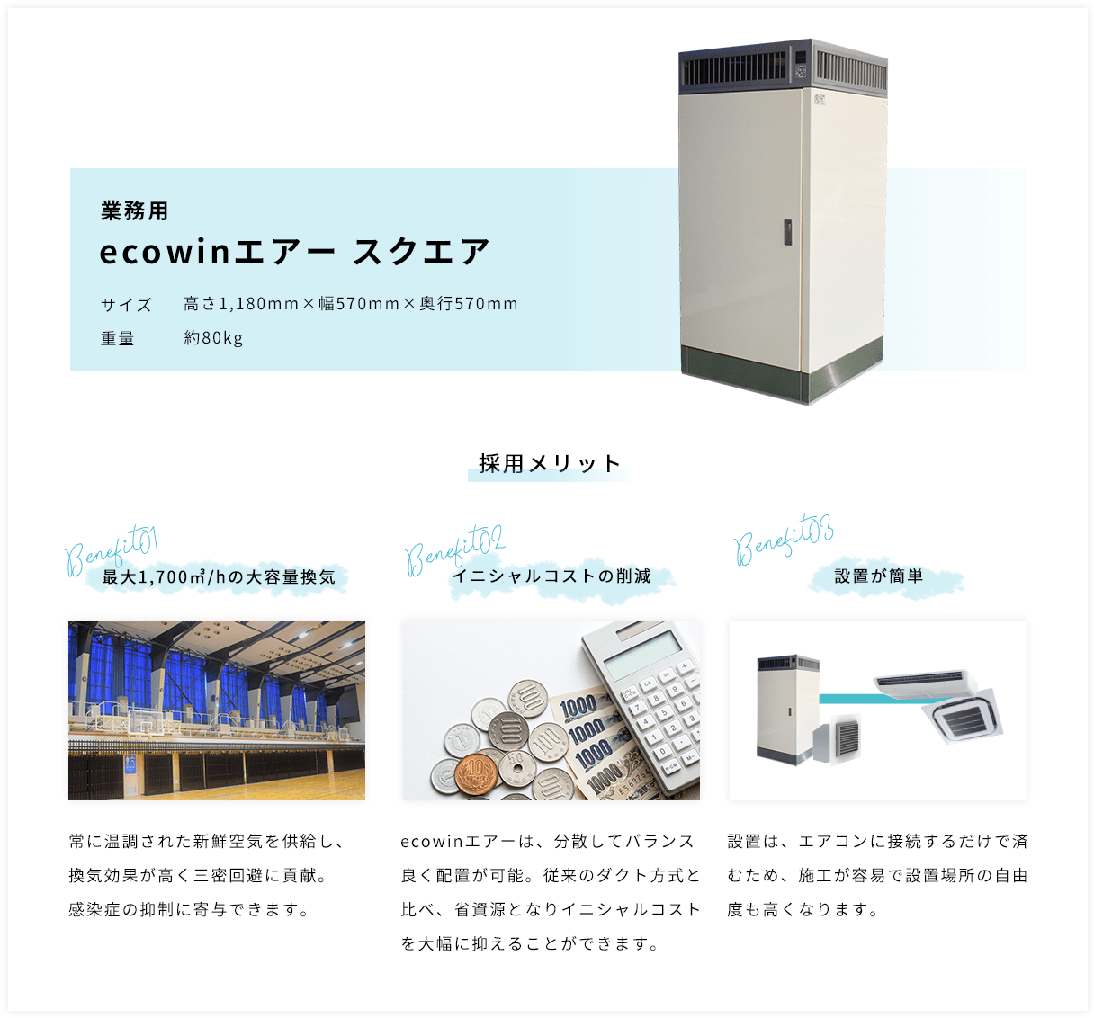 業務用 ecowinエアー スクエアの採用メリット：最大1,700㎥/hの大容量換気・イニシャルコストの削減・設置が簡単