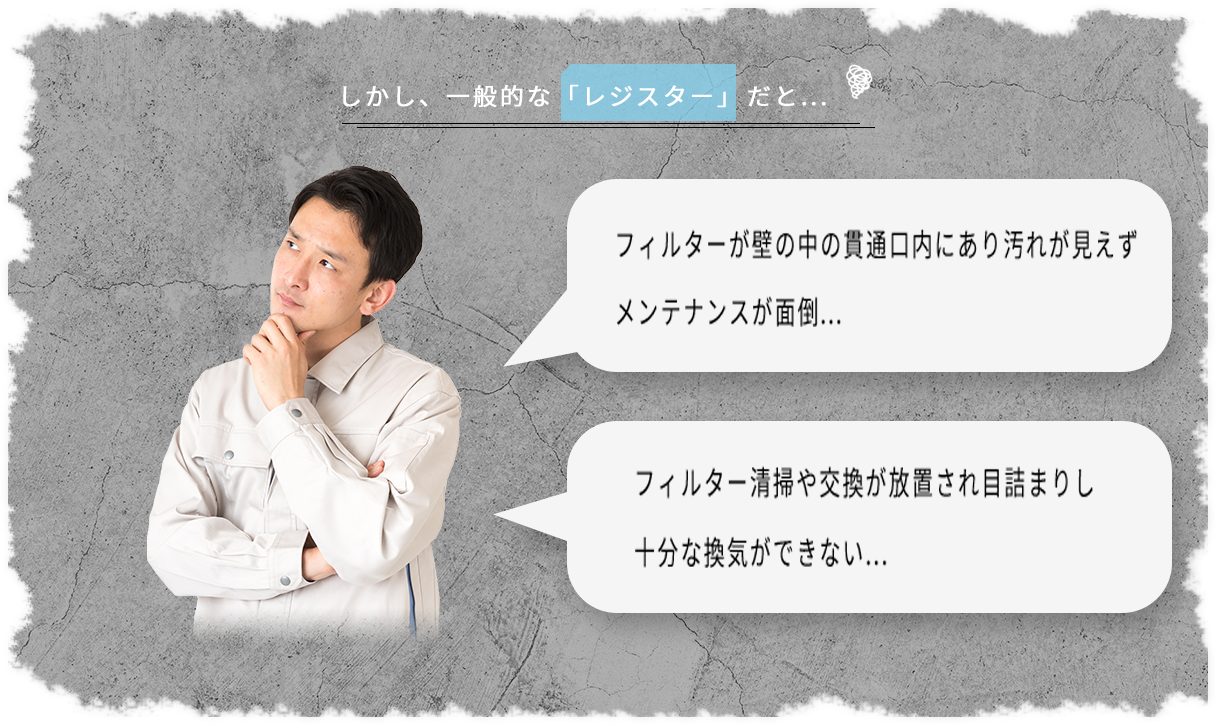 しかし、一般的なレジスタだと... フィルターが壁の中の貫通口内にあり汚れが見えずメンテナンスが面倒。フィルター清掃や交換が放置され目詰まりし十分な換気ができない。